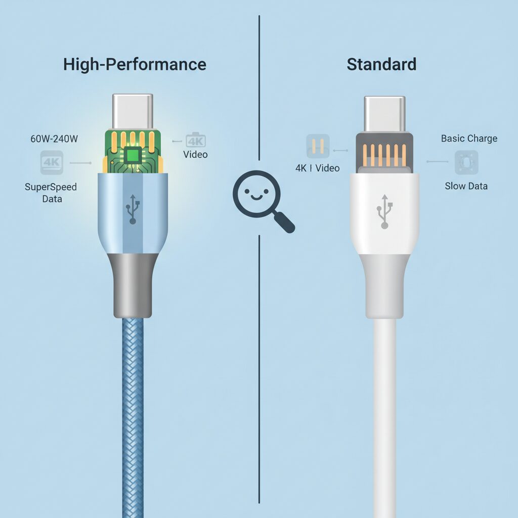コネクタ内部とケーブル外観から読み解く性能差 のイメージ