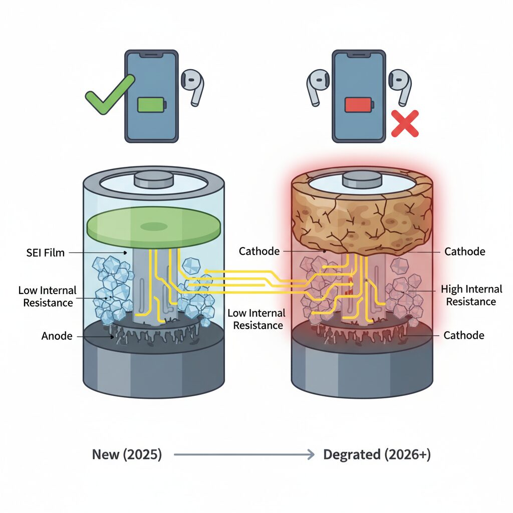 SEI被膜と内部抵抗が引き起こす性能低下 のイメージ