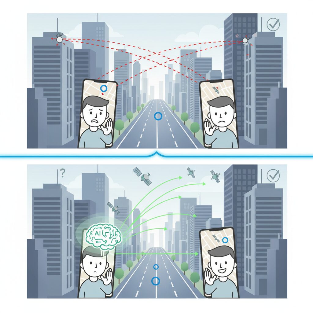 AIモデムが実現するマルチパス軽減と精度向上 のイメージ