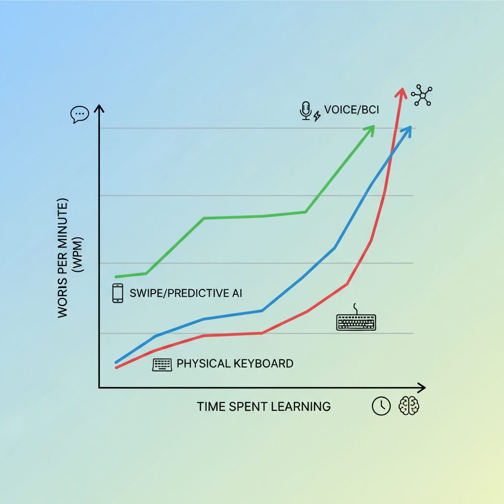 入力方式ごとの学習曲線と到達できる速度の差 のイメージ