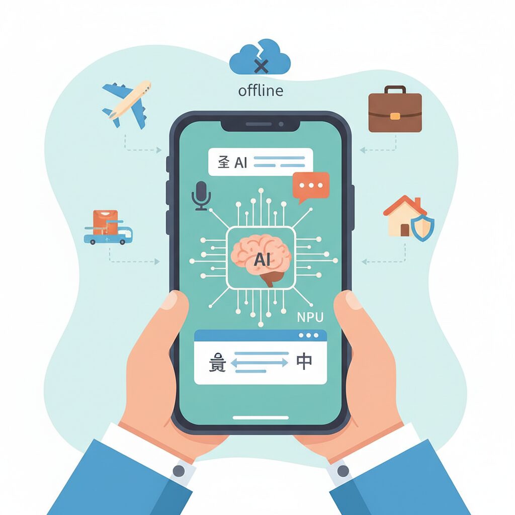 エッジAIとNPUが支えるスマホ翻訳の仕組み のイメージ